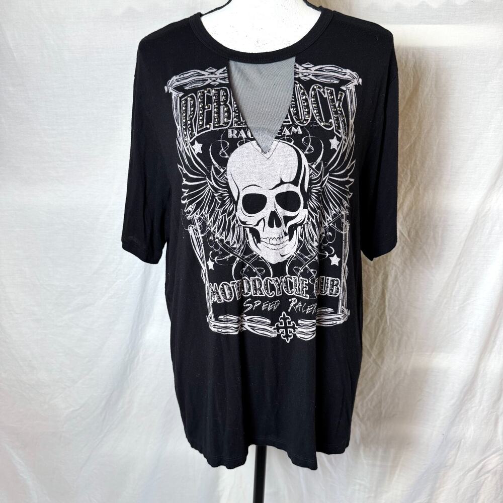 Vocal Rebel Rock Skull Motorcycle Sz XL Shirt Sheer V-Neck Cut In Rhinestones